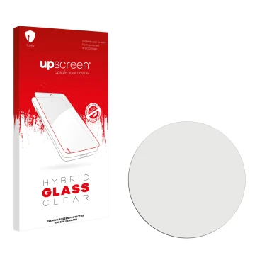 Vorderseite einer Produktverpackung mit dem Markenlogo upscreen. Daneben ist der zugehörige Displayschutz.