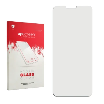 Vorderseite einer Produktverpackung mit dem Markenlogo upscreen. Daneben ist der zugehörige Displayschutz.