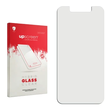 Vorderseite einer Produktverpackung mit dem Markenlogo upscreen. Daneben ist der zugehörige Displayschutz.