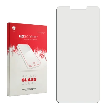 Vorderseite einer Produktverpackung mit dem Markenlogo upscreen. Daneben ist der zugehörige Displayschutz.