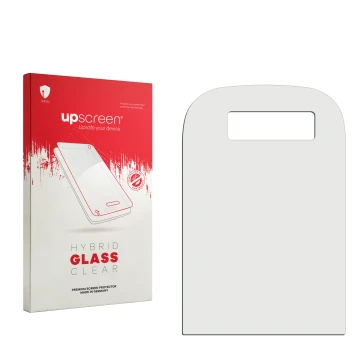 Vorderseite einer Produktverpackung mit dem Markenlogo upscreen. Daneben ist der zugehörige Displayschutz.