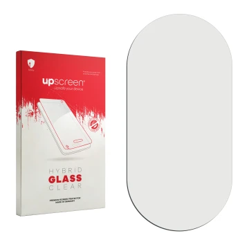 Vorderseite einer Produktverpackung mit dem Markenlogo upscreen. Daneben ist der zugehörige Displayschutz.
