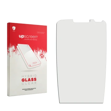 Vorderseite einer Produktverpackung mit dem Markenlogo upscreen. Daneben ist der zugehörige Displayschutz.