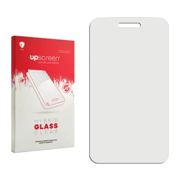 Vorderseite einer Produktverpackung mit dem Markenlogo upscreen. Daneben ist der zugehörige Displayschutz.