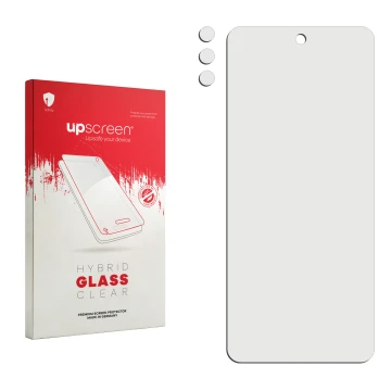 Vorderseite einer Produktverpackung mit dem Markenlogo upscreen. Daneben ist der zugehörige Displayschutz.