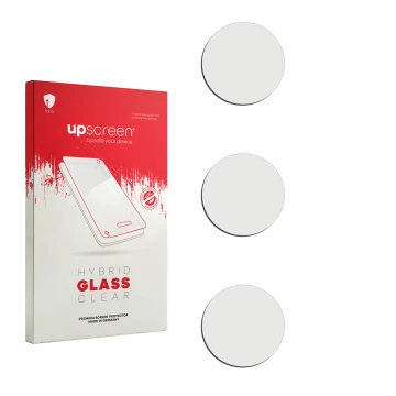 Vorderseite einer Produktverpackung mit dem Markenlogo upscreen. Daneben ist der zugehörige Displayschutz.