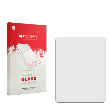 Vorderseite einer Produktverpackung mit dem Markenlogo upscreen. Daneben ist der zugehörige Displayschutz.