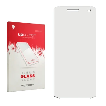 Vorderseite einer Produktverpackung mit dem Markenlogo upscreen. Daneben ist der zugehörige Displayschutz.