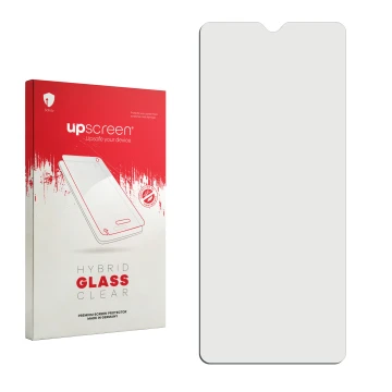 Vorderseite einer Produktverpackung mit dem Markenlogo upscreen. Daneben ist der zugehörige Displayschutz.