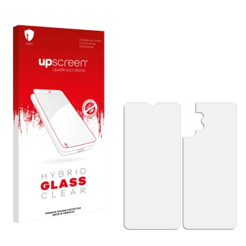 Vorderseite einer Produktverpackung mit dem Markenlogo upscreen. Daneben ist der zugehörige Displayschutz.