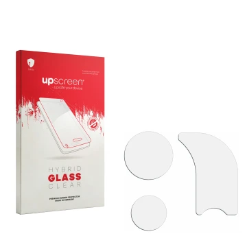 Vorderseite einer Produktverpackung mit dem Markenlogo upscreen. Daneben ist der zugehörige Displayschutz.