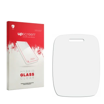 Vorderseite einer Produktverpackung mit dem Markenlogo upscreen. Daneben ist der zugehörige Displayschutz.