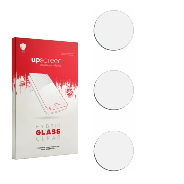 Vorderseite einer Produktverpackung mit dem Markenlogo upscreen. Daneben ist der zugehörige Displayschutz.