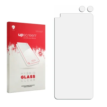Vorderseite einer Produktverpackung mit dem Markenlogo upscreen. Daneben ist der zugehörige Displayschutz.
