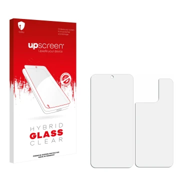 Vorderseite einer Produktverpackung mit dem Markenlogo upscreen. Daneben ist der zugehörige Displayschutz.