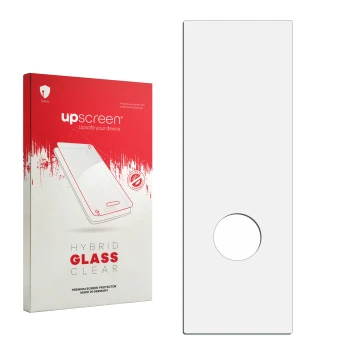 Vorderseite einer Produktverpackung mit dem Markenlogo upscreen. Daneben ist der zugehörige Displayschutz.