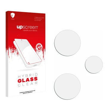 Vorderseite einer Produktverpackung mit dem Markenlogo upscreen. Daneben ist der zugehörige Displayschutz.