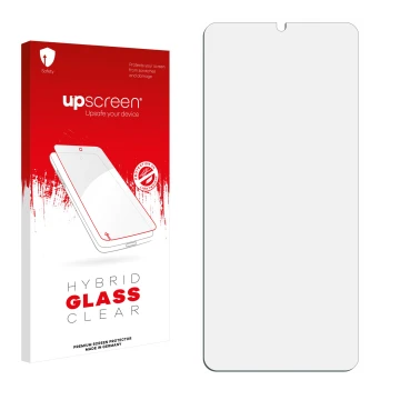Vorderseite einer Produktverpackung mit dem Markenlogo upscreen. Daneben ist der zugehörige Displayschutz.