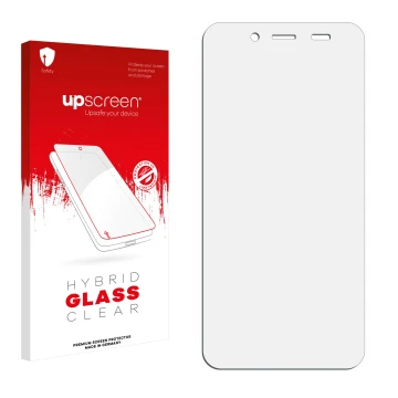 Vorderseite einer Produktverpackung mit dem Markenlogo upscreen. Daneben ist der zugehörige Displayschutz.