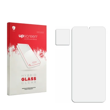 Vorderseite einer Produktverpackung mit dem Markenlogo upscreen. Daneben ist der zugehörige Displayschutz.