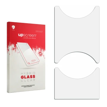 Vorderseite einer Produktverpackung mit dem Markenlogo upscreen. Daneben ist der zugehörige Displayschutz.