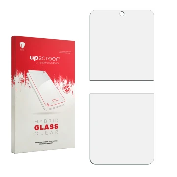 Vorderseite einer Produktverpackung mit dem Markenlogo upscreen. Daneben ist der zugehörige Displayschutz.