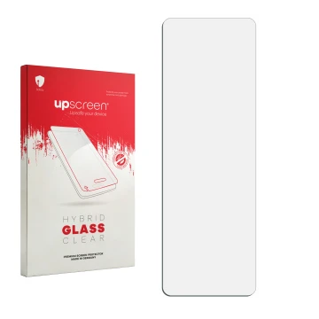 Vorderseite einer Produktverpackung mit dem Markenlogo upscreen. Daneben ist der zugehörige Displayschutz.