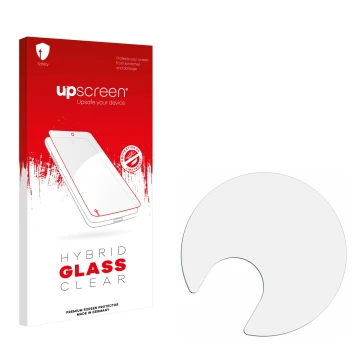Vorderseite einer Produktverpackung mit dem Markenlogo upscreen. Daneben ist der zugehörige Displayschutz.