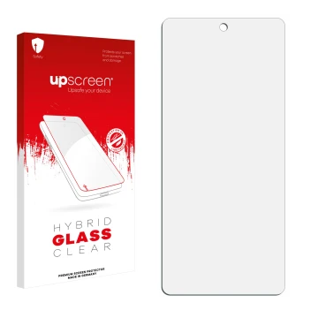 Vorderseite einer Produktverpackung mit dem Markenlogo upscreen. Daneben ist der zugehörige Displayschutz.