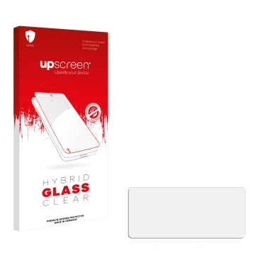 Vorderseite einer Produktverpackung mit dem Markenlogo upscreen. Daneben ist der zugehörige Displayschutz.