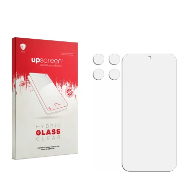 Vorderseite einer Produktverpackung mit dem Markenlogo upscreen. Daneben ist der zugehörige Displayschutz.