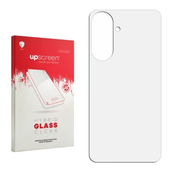 Vorderseite einer Produktverpackung mit dem Markenlogo upscreen. Daneben ist der zugehörige Displayschutz.