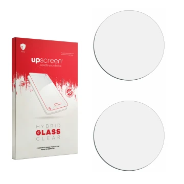 Vorderseite einer Produktverpackung mit dem Markenlogo upscreen. Daneben ist der zugehörige Displayschutz.