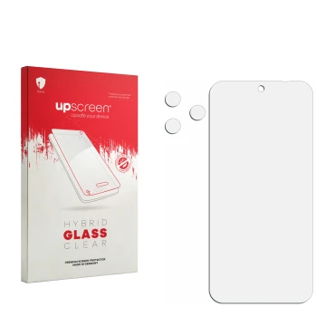 Vorderseite einer Produktverpackung mit dem Markenlogo upscreen. Daneben ist der zugehörige Displayschutz.
