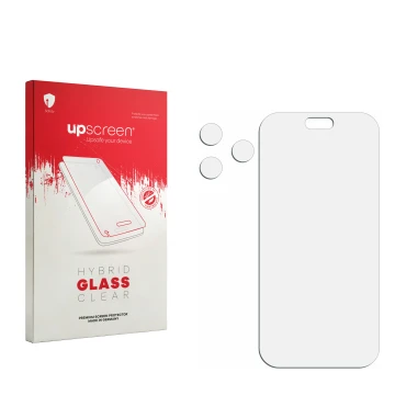 Vorderseite einer Produktverpackung mit dem Markenlogo upscreen. Daneben ist der zugehörige Displayschutz.