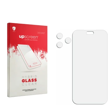 Vorderseite einer Produktverpackung mit dem Markenlogo upscreen. Daneben ist der zugehörige Displayschutz.