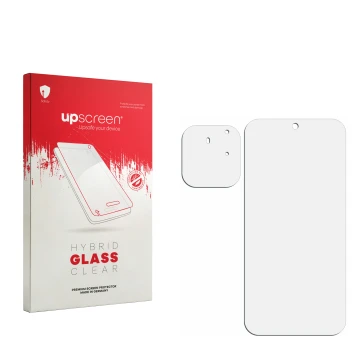 Vorderseite einer Produktverpackung mit dem Markenlogo upscreen. Daneben ist der zugehörige Displayschutz.