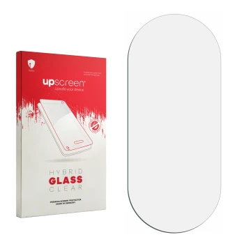 Vorderseite einer Produktverpackung mit dem Markenlogo upscreen. Daneben ist der zugehörige Displayschutz.