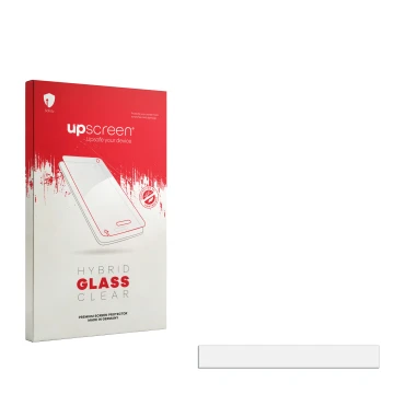 Vorderseite einer Produktverpackung mit dem Markenlogo upscreen. Daneben ist der zugehörige Displayschutz.
