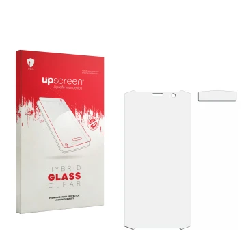 Vorderseite einer Produktverpackung mit dem Markenlogo upscreen. Daneben ist der zugehörige Displayschutz.