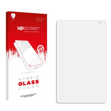 Vorderseite einer Produktverpackung mit dem Markenlogo upscreen. Daneben ist der zugehörige Displayschutz.