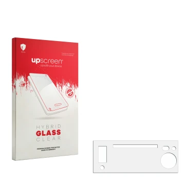 Vorderseite einer Produktverpackung mit dem Markenlogo upscreen. Daneben ist der zugehörige Displayschutz.
