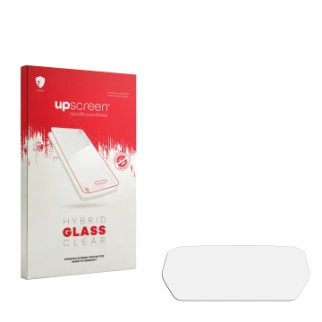 Vorderseite einer Produktverpackung mit dem Markenlogo upscreen. Daneben ist der zugehörige Displayschutz.