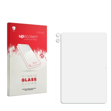 Vorderseite einer Produktverpackung mit dem Markenlogo upscreen. Daneben ist der zugehörige Displayschutz.