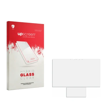 Vorderseite einer Produktverpackung mit dem Markenlogo upscreen. Daneben ist der zugehörige Displayschutz.
