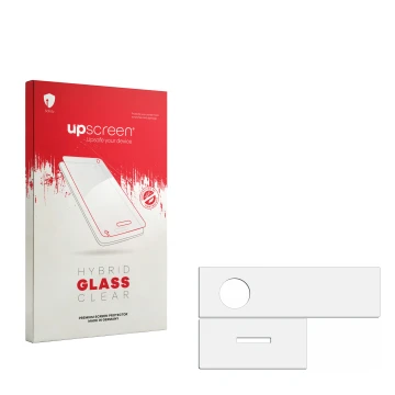 Vorderseite einer Produktverpackung mit dem Markenlogo upscreen. Daneben ist der zugehörige Displayschutz.