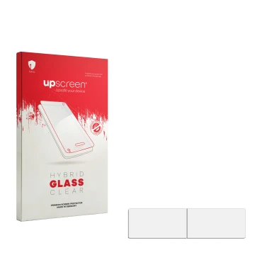 Vorderseite einer Produktverpackung mit dem Markenlogo upscreen. Daneben ist der zugehörige Displayschutz.
