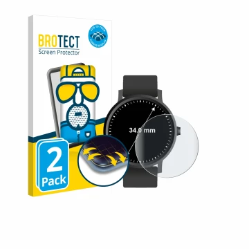 Vorderseite einer Produktverpackung mit dem Markenlogo BROTECT. Daneben ist das Gerät Armbanduhren (Kreisrund, ø: 34 mm) mit d