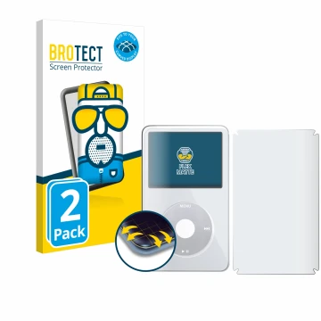 Vorderseite einer Produktverpackung mit dem Markenlogo BROTECT. Daneben ist das Gerät Apple iPod Classic Video (Display+Rückse