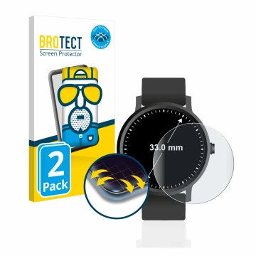 Vorderseite einer Produktverpackung mit dem Markenlogo BROTECT. Daneben ist das Gerät Armbanduhren (Kreisrund, ø: 33 mm) mit d